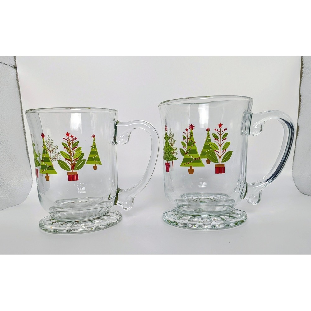 Pair of Vintage Libbey Glass Footed Christmas Tree Mugs - Picture 3 of 5